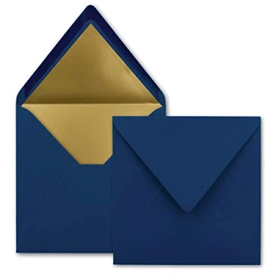 Image de FarbenFroh by Gustav Neuser Lot de 75 enveloppes à lettre, carrées, 15,5 x cm, bleu foncé, doublées papier doré, collage humide