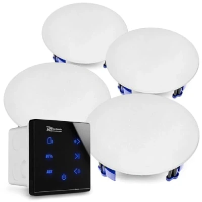 Image de Power Dynamics Powerline A100BSET Kit Amplificateur 4X 20 Watts avec Enceintes de Plafond, Récepteur sans Fil Bluetooth, USB et Micro SD, Écran Tactile, Livré Télécommande