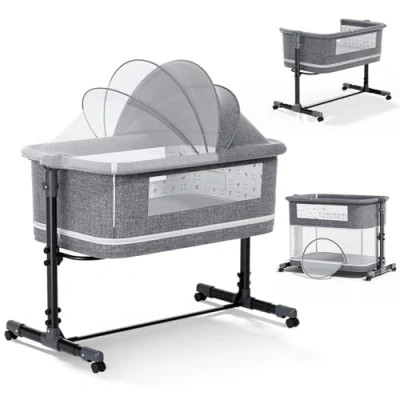Image de Helangel Lit bébé Cododo3 en 1,Berceau avec épaissir Matelas Souple et Plaque de Base du Parc,Hauteur Réglable, Fenêtres Filet, Roues Sac Voyage pour 0 6 Mois,Gris Clair