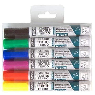 Image de Pébéo Set de 6 marqueurs spécial tissu et textiles clairs, Feutres pour tissus textiles, assortiment basique pointe ronde 1mm Multicolore
