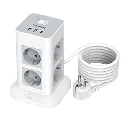 Image de TESSAN Multiprise Parafoudre avec 8 Prises, 2 USB et 1 C, Tour Interrupteur, Secteur Rallonge Electrique 2M, Prise Multiple pour Bureau Maison, 3600W, Gris