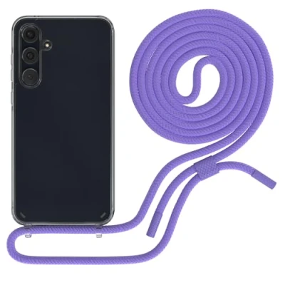 Image de EAZY CASE Chaîne de téléphone portable compatible Avec Samsung Galaxy A55 Coque fine pour cordon protection contre les chutes transparente en silicone violet lavande