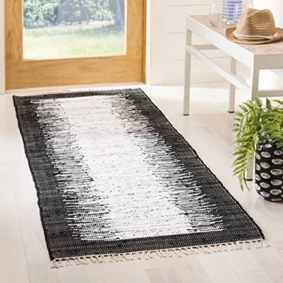 Image de SAFAVIEH MTK711 Grand Tapis de Salon rectangulaire pour Une Utilisation en intérieur, Coton, Ivoire/Noir, 62 X 240 cm