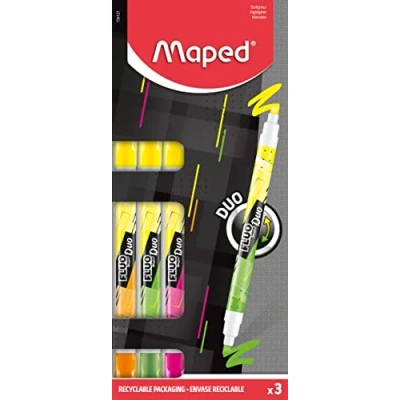 Image de Maped 3 Surligneurs Fluo Peps Duo Stylos 2 en 1 avec Double Pointe Confort d&#039;Écriture sur Tous Types de Papier Feutre Ergonomique Jaune + Vert Rose Orange