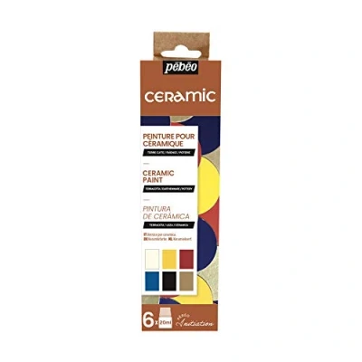 Image de Pébéo Set Initiation Ceramic Kit de Peinture Céramique, Idéale Décoration Terre Cuite, Faïence 6 Flacons 20 ml Blanc + Jaune riche Rouge cerise Lavande Noir Or