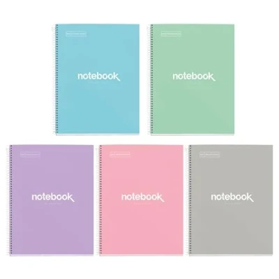 Image de Miquelrius Lot de 5 cahiers A4 Notebook Emotions, 80 feuilles 90 g/m², quadrillage x mm, 1 bande couleur, spirale micro perforée, couverture extra rigide, 4 trous, couleurs pastel