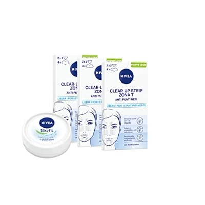 Image de NIVEA Clear Up Strips Zona T Pansements points noirs en lot de 3 x 6 pièces anti imperfections pour le nettoyage du visage et Soft Mini crème visage, corps les mains 25 g offerts