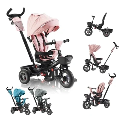 Image de FableKids Noemi Tricycle 5 en 1 avec barre de poussée à partir 18 mois jusqu&#039;à 25 kg, marche avant et arrière, pneus PU, roue libre spacieuse, panier, sac, porte gobelet Rose