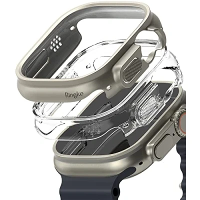 Image de Ringke Coque Compatible avec Apple Watch Ultra 2/1 49mm [Slim] Transparente Solide Rigide Bumper Clear &amp; Titanium Gray (2 Pack)
