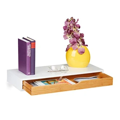 Image de relaxdays étagère Murale tiroir, HxLxP: 8 x 60 24 cm, Console au Mur Style scandinave, Bois MDF, Bambou, Nature, Matériau, Blanc, Marron Clair, 1 élément