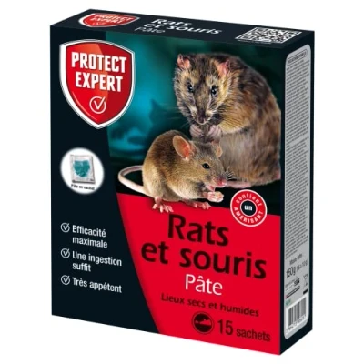 Image de PROTECT EXPERT Anti Rats &amp; Souris 150 g Efficacité Maximale 15 Pâtes Lieux secs et humides Agit dès la première Ingestion, Noir
