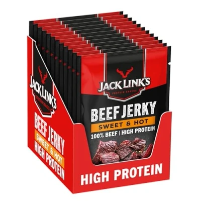 Image de Jack Links Beef Jerky Sweet et Hot (12 x 25 g) Viande séchée Riche en protéine snack Charcuterie de Boeuf séché Hyperprotéinés à emporter ou consommer salle sport