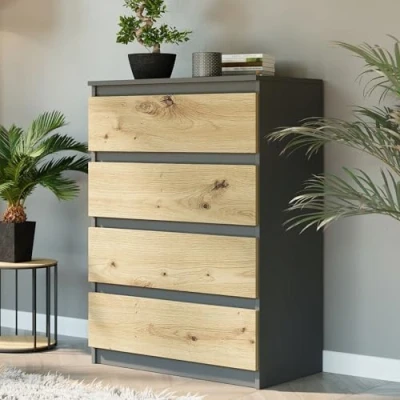 Image de Home Collective Commode à 4 tiroirs en bois avec Buffet haut Pour chambre coucher, salon, couloir, bureau Organiseur 70 x 98 40 cm Anthracite Mix Artisan