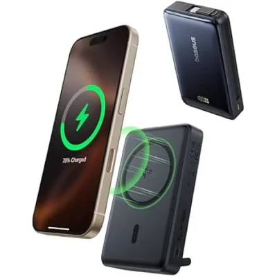Image de Baseus Nomos Qi2 Batterie externe magnétique 10 000 mAh 45 W avec support et câble USB C intégré, alimentation à charge rapide noir
