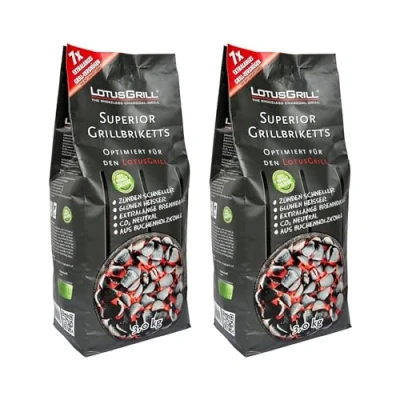 Image de LotusGrill Superior Lot de 2 briquettes barbecue 3 kg en charbon bois hêtre, neutre CO2, allumage rapide et longue durée combustion jusqu&#039;à heures, avec classique,