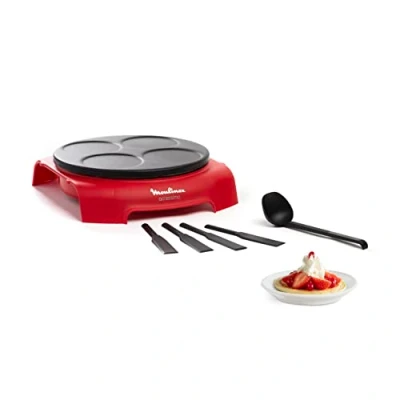 Image de Moulinex Crêpière électrique, 4 empreintes, Revêtement antiadhésif, Socle thermoplastique, Rangement accessoires sous l’appareil, Pancakes, Fabriqué en France, Accessimo Crêpe Party PY312511