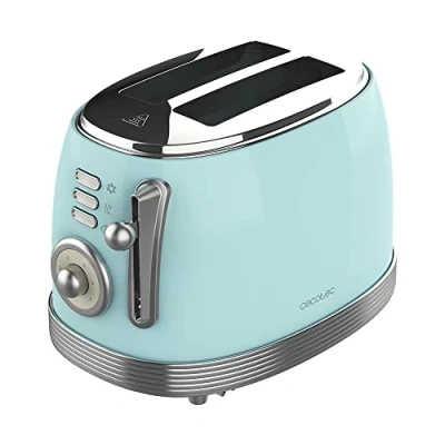 Image de Cecotec Toast &amp; Taste 800 Vintage Light Blue. 850 W, double fente courte extra large de 3,8 cm, 2 toasts, finitions en acier inoxydable, style vintage, 3 fonctions, bleu