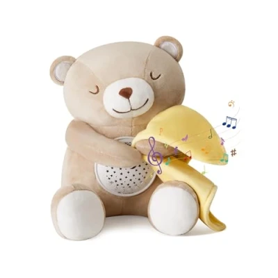 Image de APUNOL Veilleuse Bébé Musicale et Lumineuse, Rechargeable Peluche Bebe Teddy Projecteur pour dormir lampe de Projection enfants avec Fonction Capteur Cris, Lumière, Musique Sons