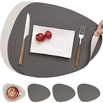 Image de Myir JUN Set De Table en Cuir et Dessous Verre, Antidérapant Double Face TableLavable Imperméables Verre Plastique (Cendre Blanche)