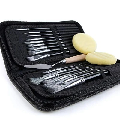 Image de Artify Ensemble de 15 pinceaux pour Peinture à l&#039;huile Acrylique Gouache l&#039;aquarelle avec étui Transport Pop up Couteau Palette et 2 éponges Noir