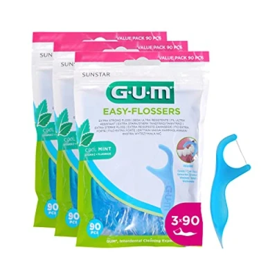 Image de GUM EASY FLOSSERS porte fil dentaire Élimine les résidus alimentaires et la plaque entre dents Recouvert de fluor vitamine E 3x90 fils