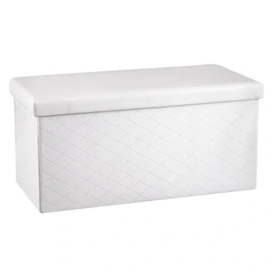 Image de Baroni Home Coffre Rectangulaire en Velours pour Salon avec Couvercle Ouvrable, Repose Pieds Chambre, Tabouret de Rangement Pliant Rembourré, 76X38X38 cm, Blanc