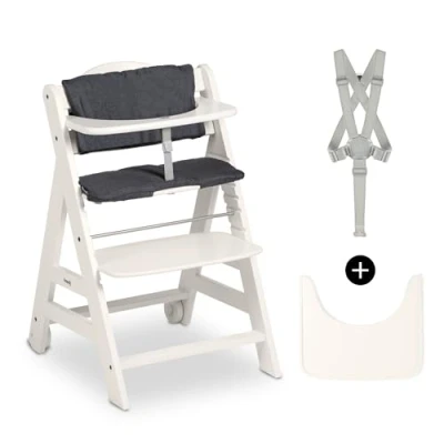 Image de hauck Chaise Haute Bébé Evolutive Beta+ en Bois Certifié FSC® Inclus Coussin d&#039;Assise, Barre de Sécurité, Sangle d&#039;Entrejambe, Harnais 5 Point 6 Mois à 90 kg White