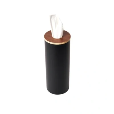 Image de Yamazaki 5981 RIN Boite à mouchoirs Ronde L, Noir, Acier/Bois/Silicone, Minimaliste, 9.2 x 23.8 c m