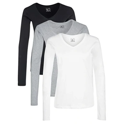 Image de Berydale Chemise avec col V à manches longues 100 % coton, Femmes, Noir/Blanc/Gris (lot de 3), L