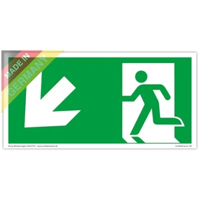 Image de Plaque de Issue der Secours Sortie extra longue luminescence PVC autocollant 297x148mm selon ISO 7010 Flèche gauche oblique vers le bas Chemin fuite Dreifke® 160