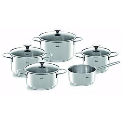 Image de Fissler Copenhagen Jeu de 5 Faitouts/Cocotte/Casserole en Acier Inoxydable avec Couvercle Verre, Tout Type Feu (3 Faitouts, 1 Sautoir, Casserole Sans Couvercle)