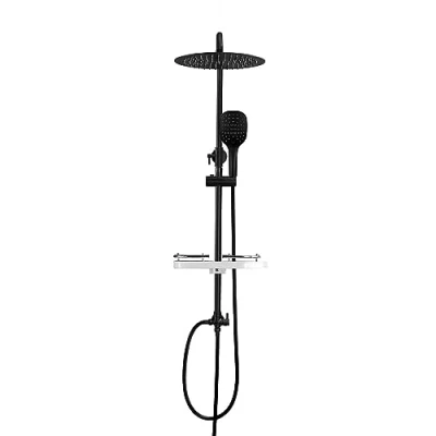 Image de Görbach Colonne de Douche Noir Inox Designe Douchette Salle Bain Réglable Hauteur Ensemble Murale Solide avec Étagère Set kit sans Robinet Pommeau D25cm