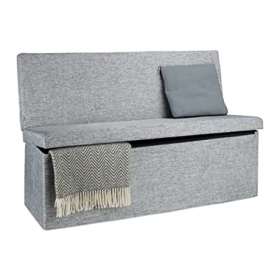 Image de Relaxdays Tabouret de rangement pliant en lin avec dossier appui dos coffre pouf stockage ottoman H x l P: 73 114 38 cm repose pieds banc couvercle, gris