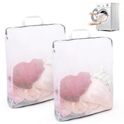 Image de Lot de 2 grands filets à linge pour machine laver, sac avec poignées, 50 x 60 cm, fermeture éclair, durable, sous vêtements, culottes, pulls, écharpes
