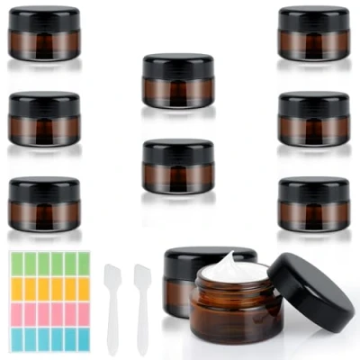 Image de AiQInu 8 Pièces Contenant Voyage 20ml, Petit Pots Vide Cosmétiques Transparent Jaune brun, Pot Verre avec 2 Spatule et 24 Étiquette,