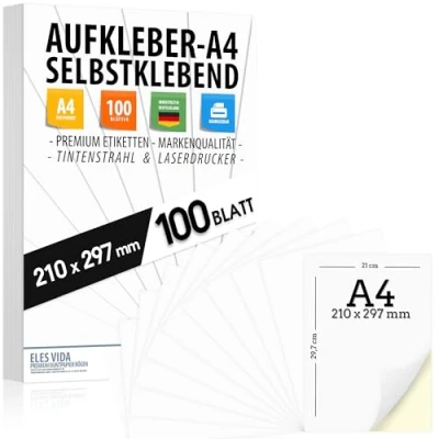 Image de Lot de 100 étiquettes autocollantes DIN A4, 210 x 297 mm, imprimables universelles, surface blanche mate, compatibles avec les imprimantes à jet d&#039;encre et laser, autocollants pour nombreuses