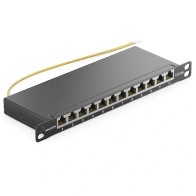 Image de deleyCON Panneau de Brassage 12 Port 0,5U Cat 6a Mini Support Montage Rack 10&quot; Pouces RJ45 Blindé TIA568A TIA568B Noir