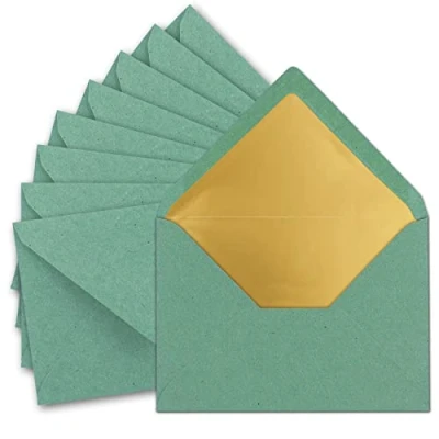 Image de UmWelt Lot de 75 enveloppes, format C5, 15,6 x 22 cm, en papier kraft recyclé, vert eucalyptus avec doublure soie dorée, fermeture à collage humide, vierges