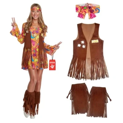 Image de Morph Déguisement Hippie Femme, Deguisement Femme Hippie, Costume Annee 70 Robe Courte Taille XL
