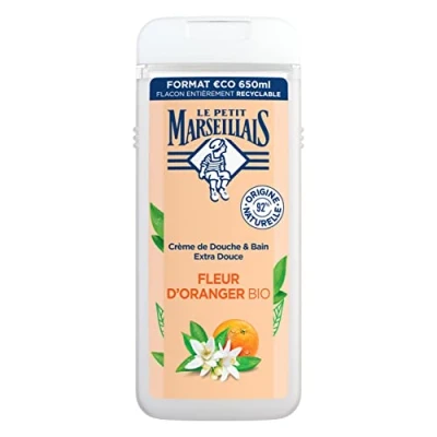 Image de Le Petit Marseillais Crème de douche Extra Douce Fleur d&#039;Oranger Bio (flacon 650 ml) Gel avec 92 % d&#039;ingrédients d&#039;origine naturelle Flacon entièrement recyclable