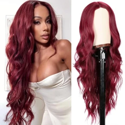 Image de PORSMEER Perruque vin rouge longue ondulée pour femme, cheveux bouclés naturels à séparation centrale brésilienne synthétique résistante la chaleur cosplay fête Halloween tenue quotidienne