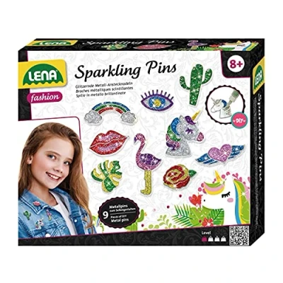 Image de Lena 42662 Set Sparkling Pin, métalliques, 9 Formes d&#039;épingles, 7 Couleurs Scintillantes et Colle de Bricolage, pour Enfants à partir 8 Ans, Multicolore, Centre