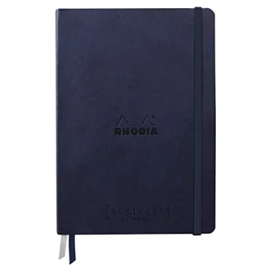 Image de RHODIA 194159C Carnet Rigide Bullet Journal Goalbook Creation Bleu Nuit A5 14,8 x 21 cm Uni 100 pages Papier Clairefontaine Lavis Technique Blanc 200 g/m² 2 Rubans Couverture Simili Cuir