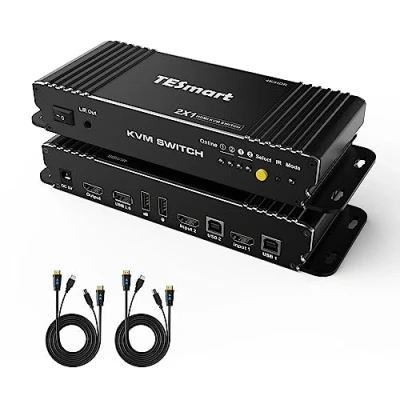 Image de TESmart Commutateur KVM HDMI 2 Port 4K@60Hz Switch HDCP 2.2 UltraHD YUV444 18 Gbps, Sortie Audio, HDR10, Dolby Vision, Dolby/DTS, Ordinateurs sur 1 Moniteur/téléviseur