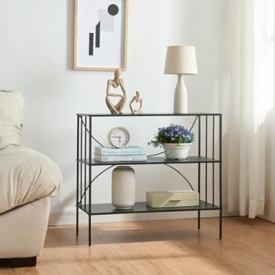 Image de [en.casa] Table Console Design Intemporel avec 2 Étagères Meuble d&#039;Entrée Autoportant Surfaces de Rangement pour Salon Chambre Couloir Bureau Métal 66 x 70 32 cm Noir