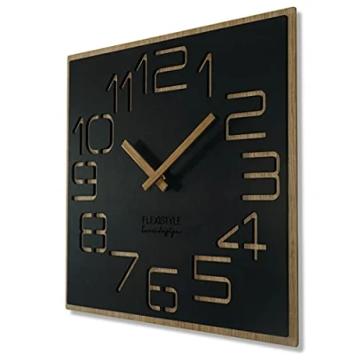 Image de FLEXISTYLE Digits Eco Grande Horloge Murale en Bois, Aspect carrée, silencieuse, pour Salon, Chambre à Coucher, fabriquée UE (Noir, 40 cm)