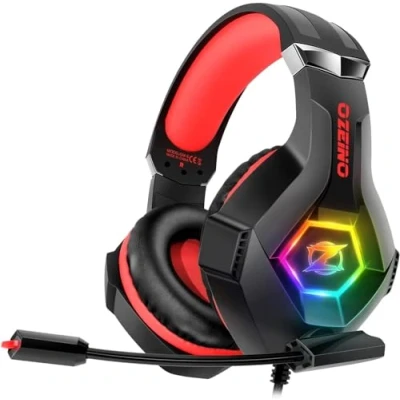 Image de Ozeino Casque de Jeu pour PC, PS4, PS5, Xbox, avec Suppression du Bruit, Micro Flexible, Cache Oreilles, lumière RVB téléphone, commutateur, Mac Rouge