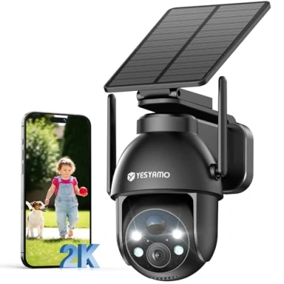 Image de YESYAMO 2K Camera Surveillance WiFi Exterieure sans Fil Solaire, 2.4GHz Exterieur Solaire avec Panneau 360 PTZ, Vision Nocturne Couleur, Audio Bidirectionnel, PIR Sirène (Noir)