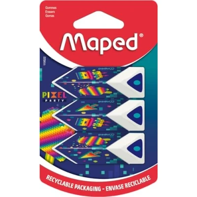 Image de Maped Lot de 3 Gommes Pyramides Apporte Précision et Confort Gomme Blanche Gamme Pixel Party Emballage recyclable
