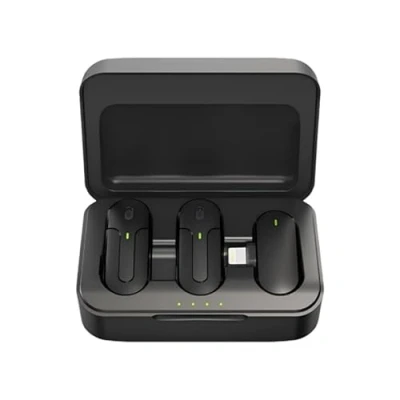 Image de HUACAM Lot de 2 mini microphones cravate sans fil avec étui chargement, portée 21,3 m, 6 à 8 heures d&#039;autonomie, convient pour iPhone, microphone revers enregistrement vidéo,